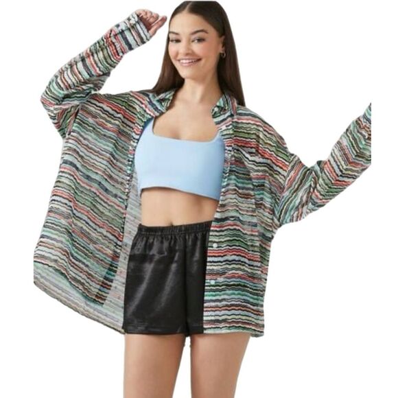 FOREVER 21 SHIRT WOMENS LARGE MUTI COLORED STRIPED SHEER HIDDEN BUTTON UP. - Picture 1 of 14